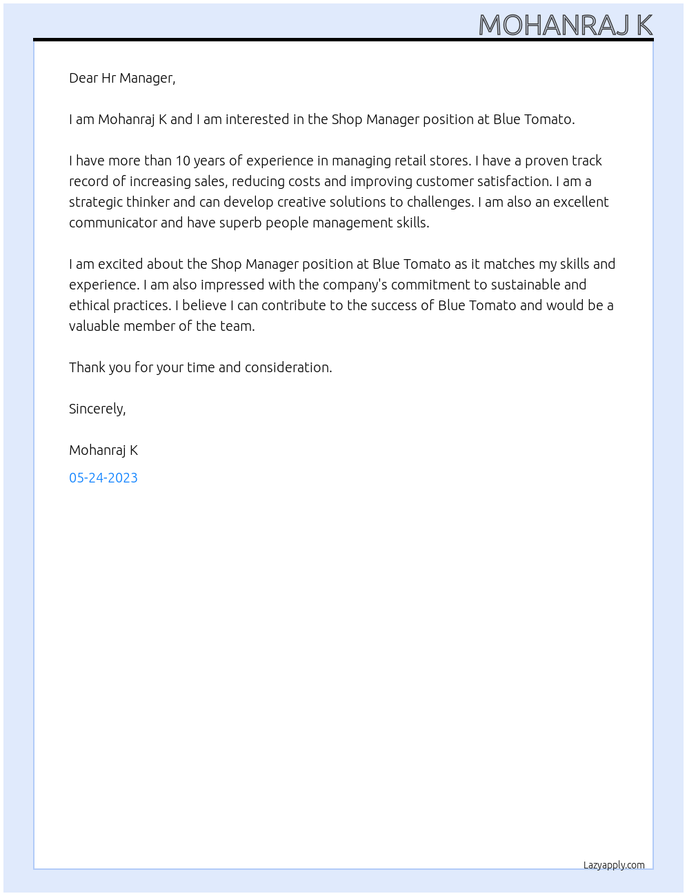 Shop Manager At Blue Tomato Cover Letter