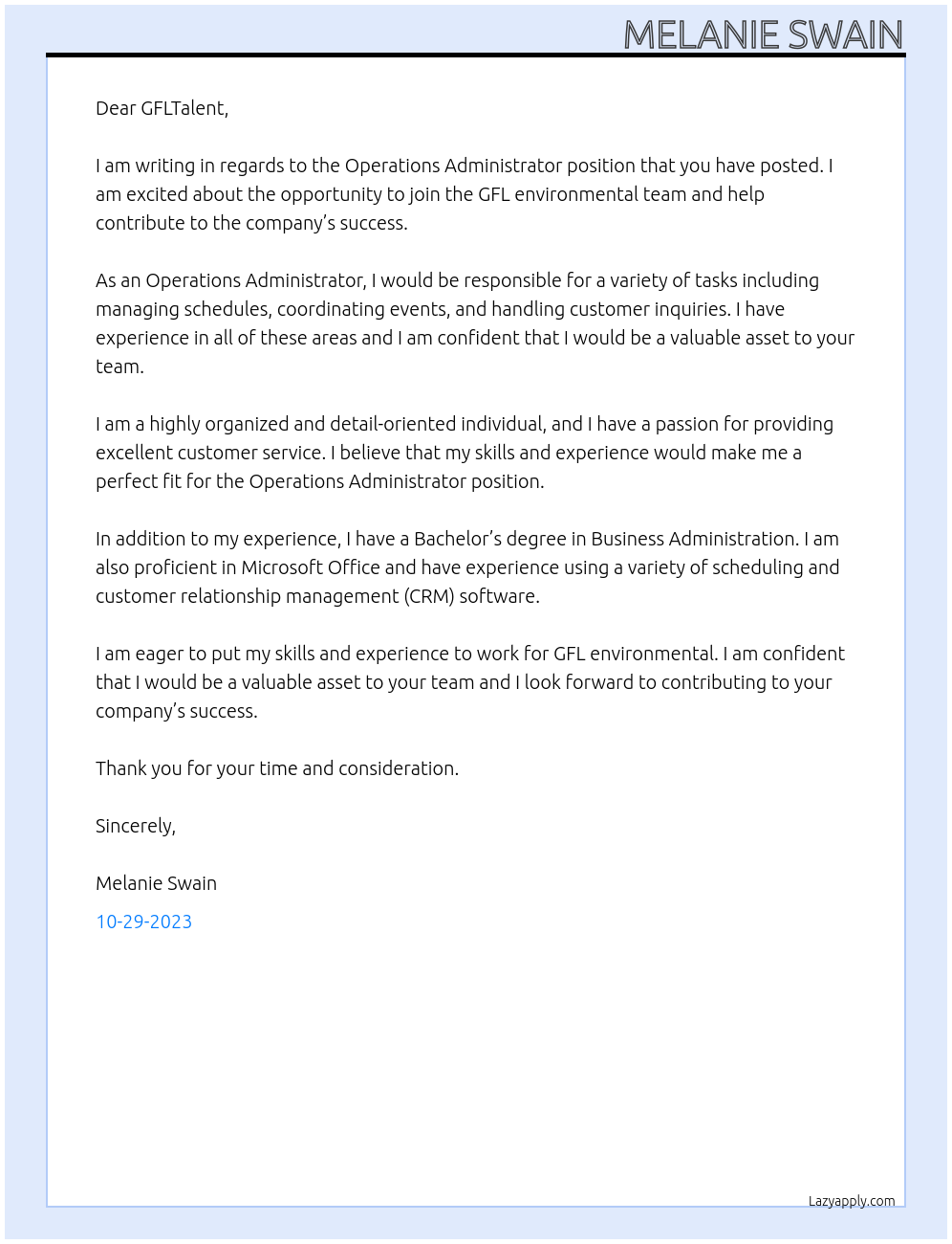 Operations Administrator At GFL environmental Cover Letter