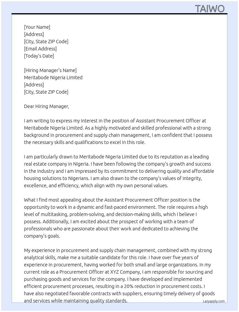 Assistant procurement officer  At Meritabode Nigeria Limited  Cover Letter