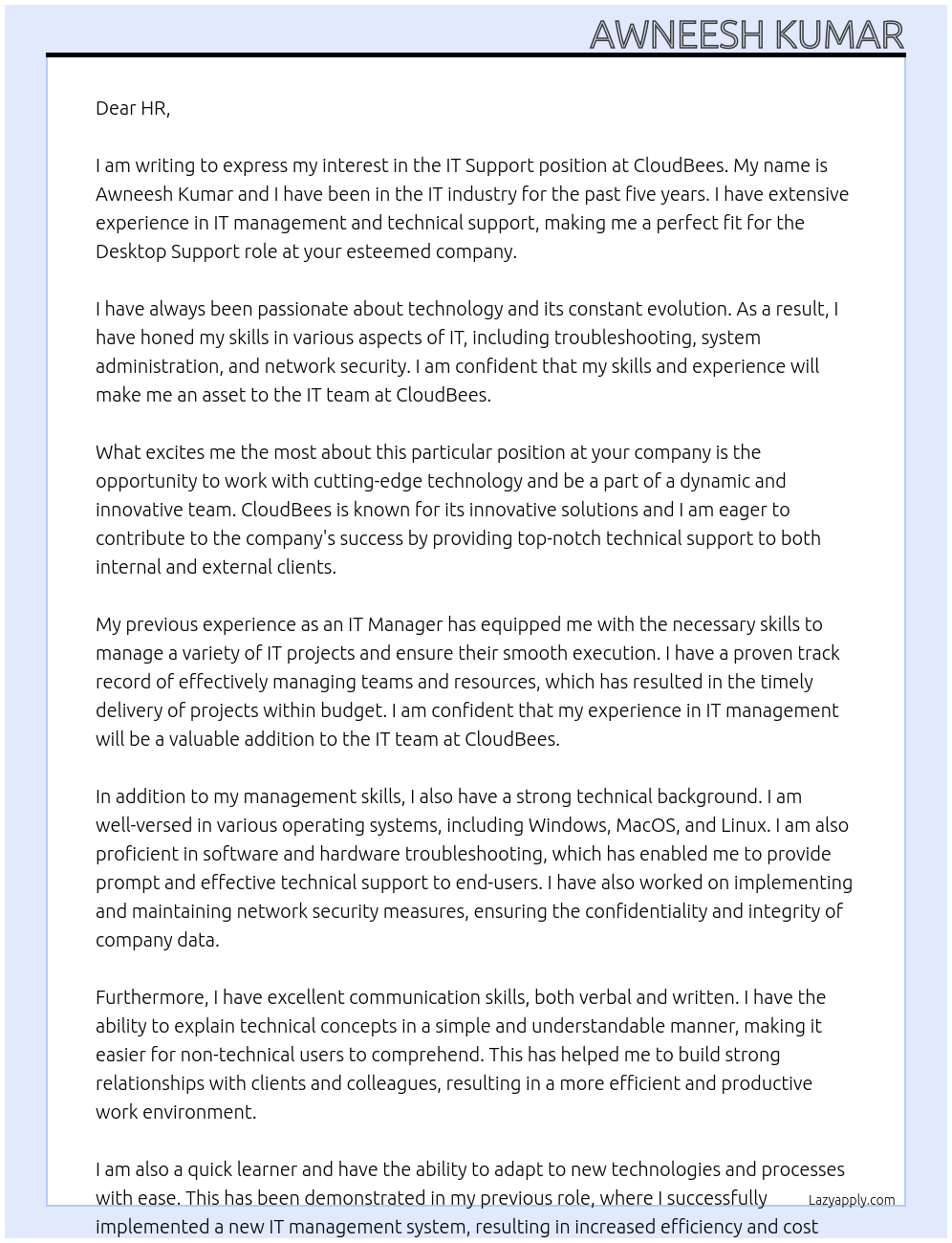 IT Support At CloudBees Cover Letter