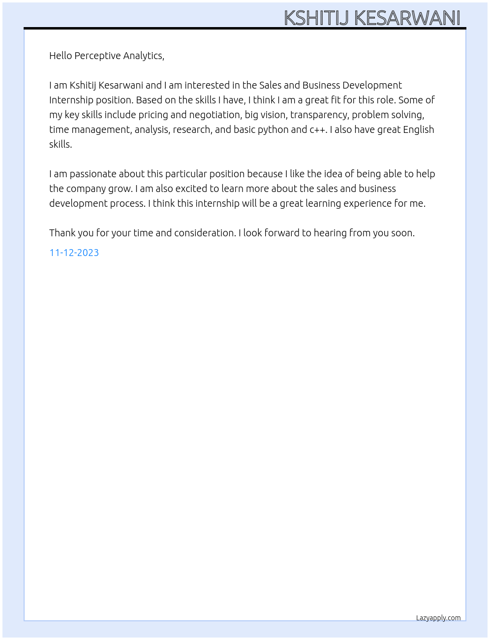 Sales and Business Development Internship At Perceptive Analytics Cover Letter