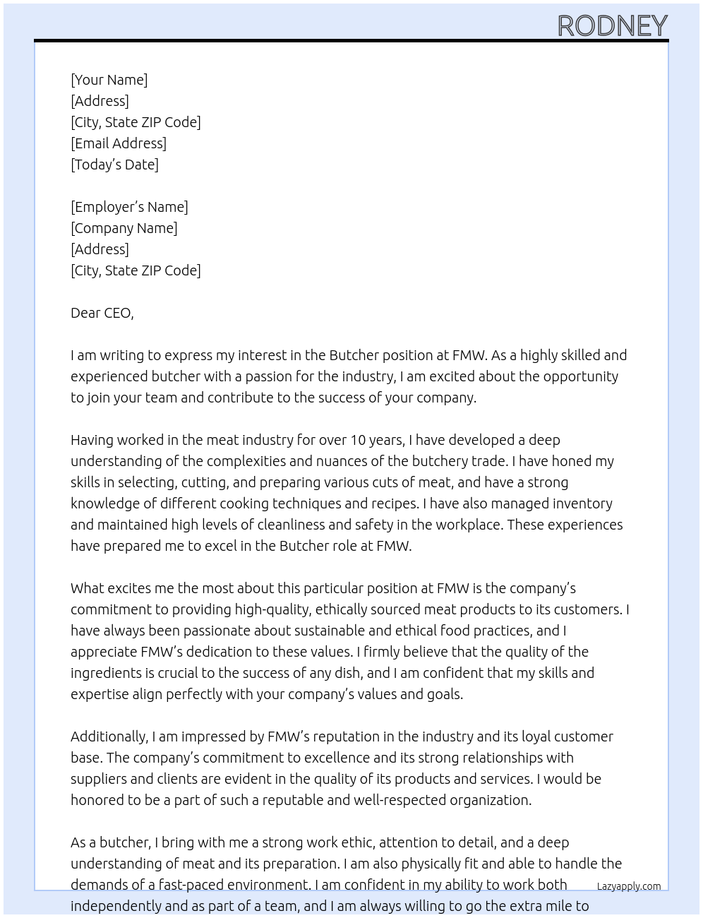 butcher At FMW Cover Letter