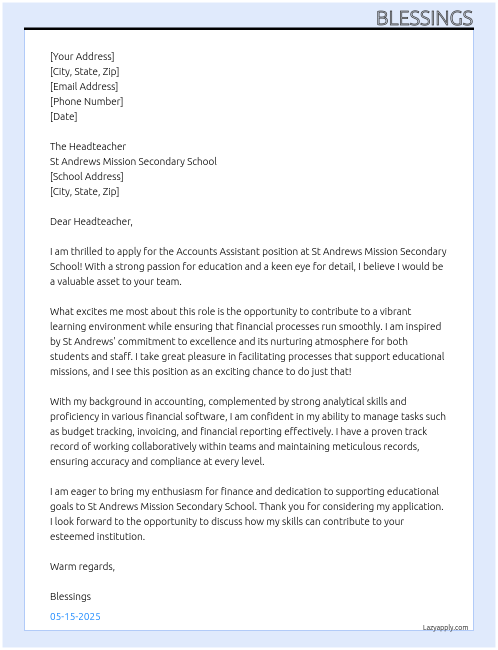 accounts assistant At St Andrews Mission Secondary School Cover Letter