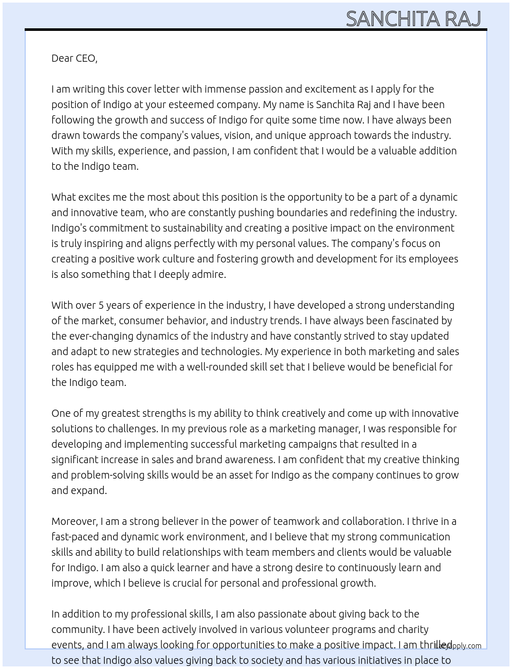 Indigo At Indigo Cover Letter