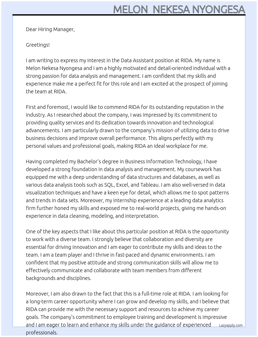 Data assistant At RIDA Cover Letter