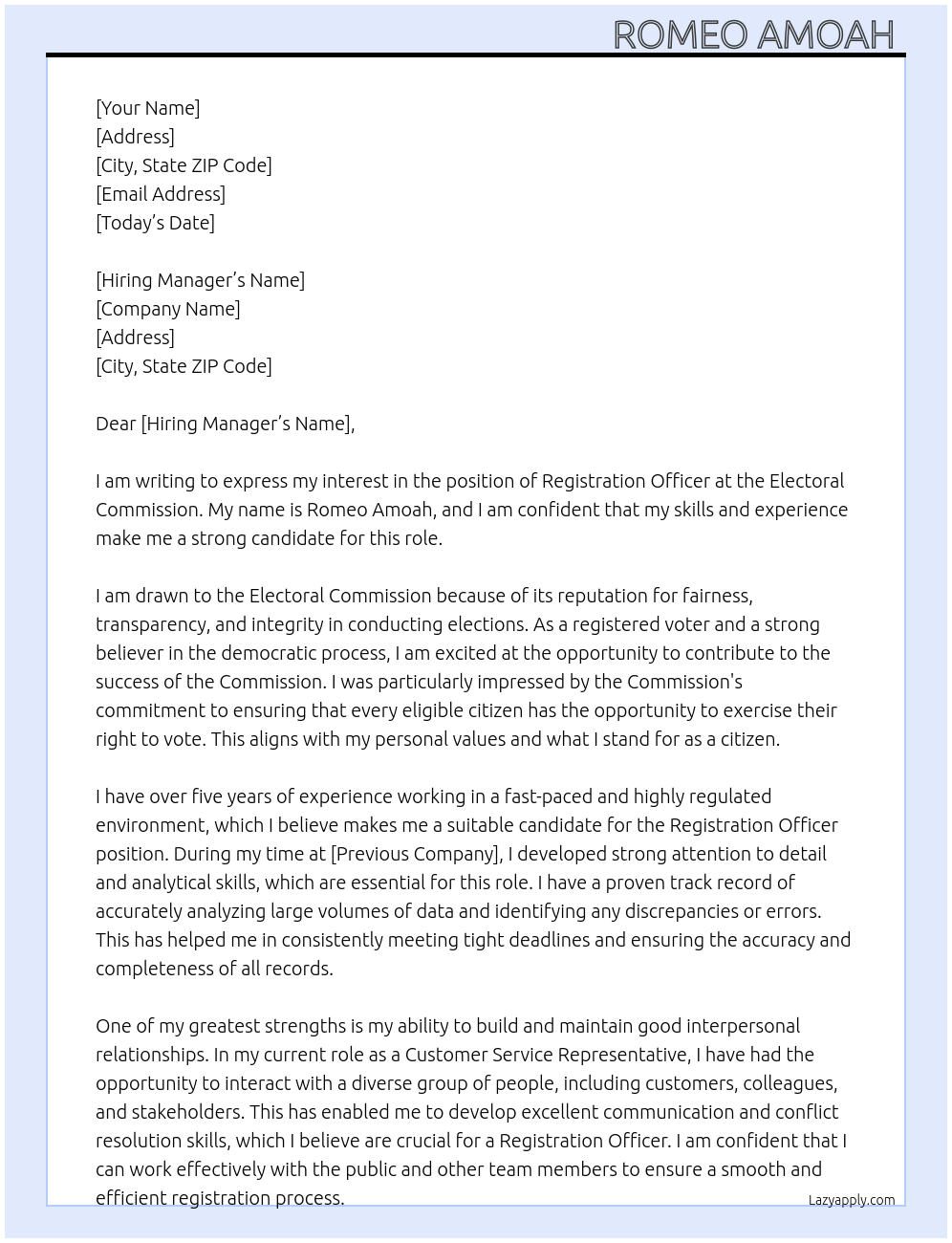 Registration officer At Electoral commission Cover Letter