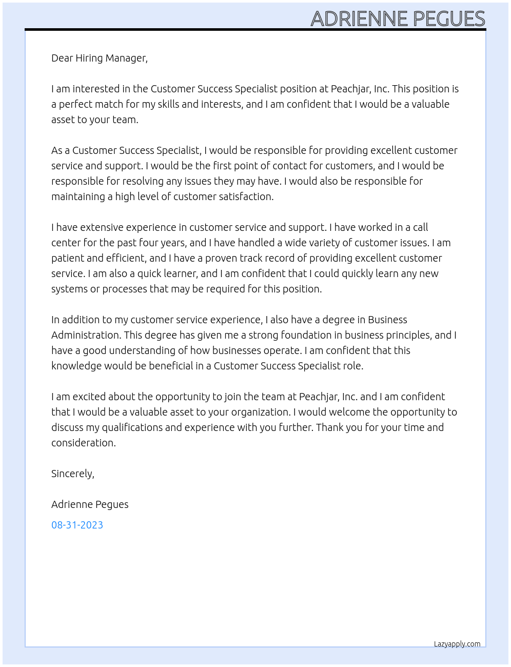 Customer Success Specialist At Peachjar, Inc Cover Letter