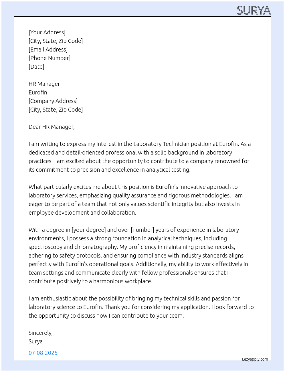 Laboratory technician At Eurofin Cover Letter