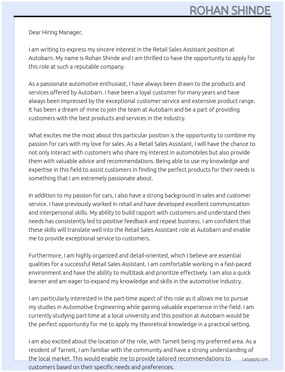 Retail Sales Assistant At Autobarn Cover Letter