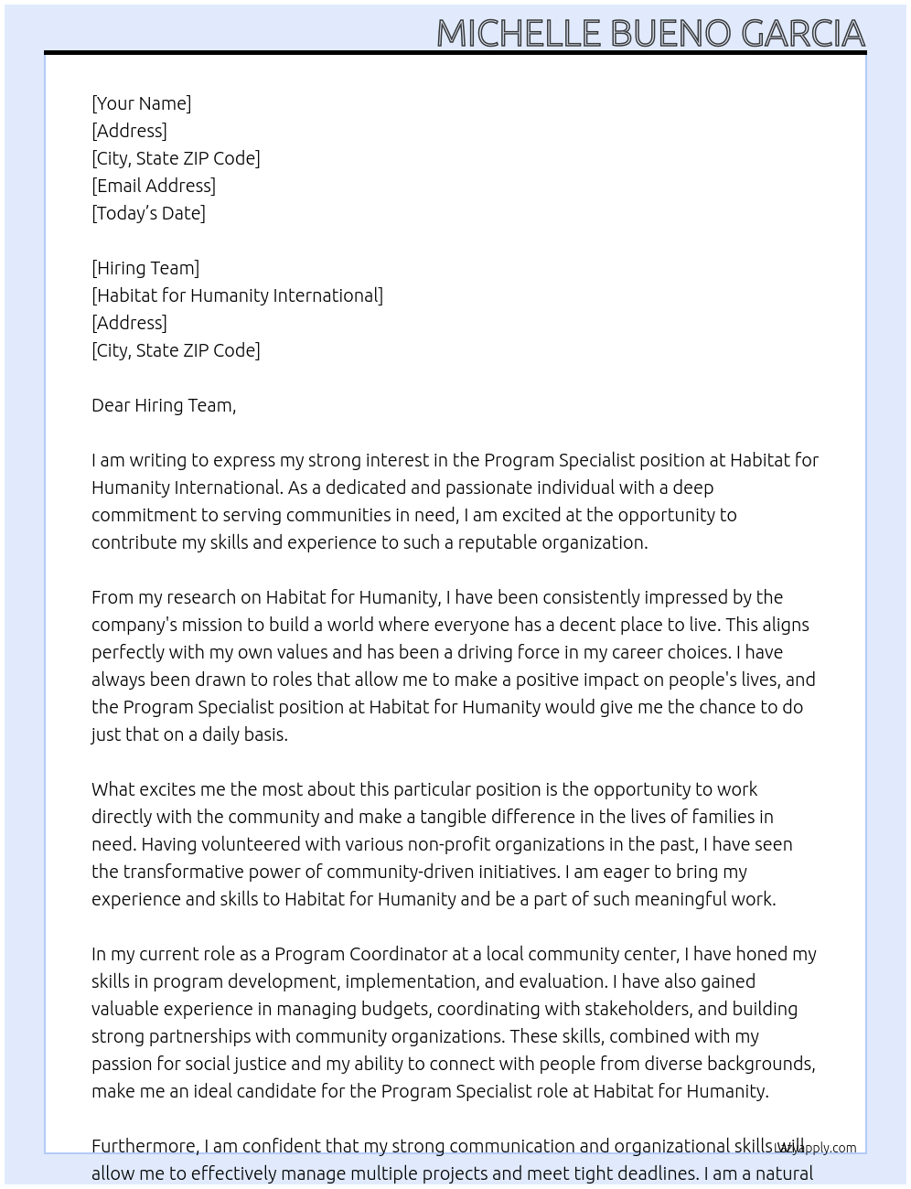 Program Specialist At Habitat for Humanity International Cover Letter