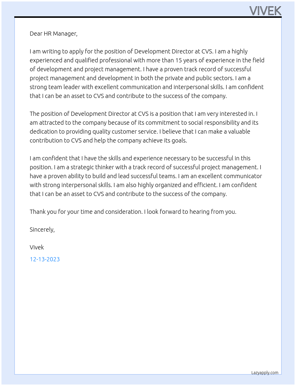 Development Director At CVS Cover Letter