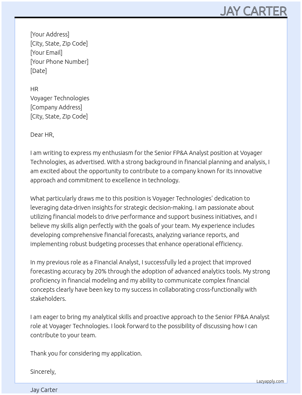 Senior FP&A Analyst At Voyager Technologies Cover Letter