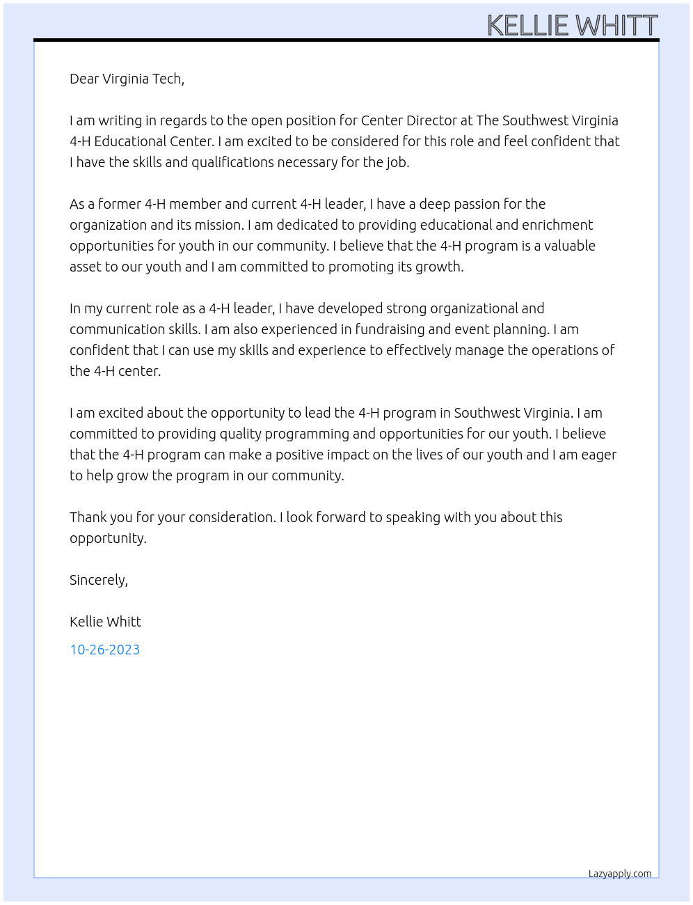 Center Director At The Southwest Virginia 4-H Educational Center Cover Letter