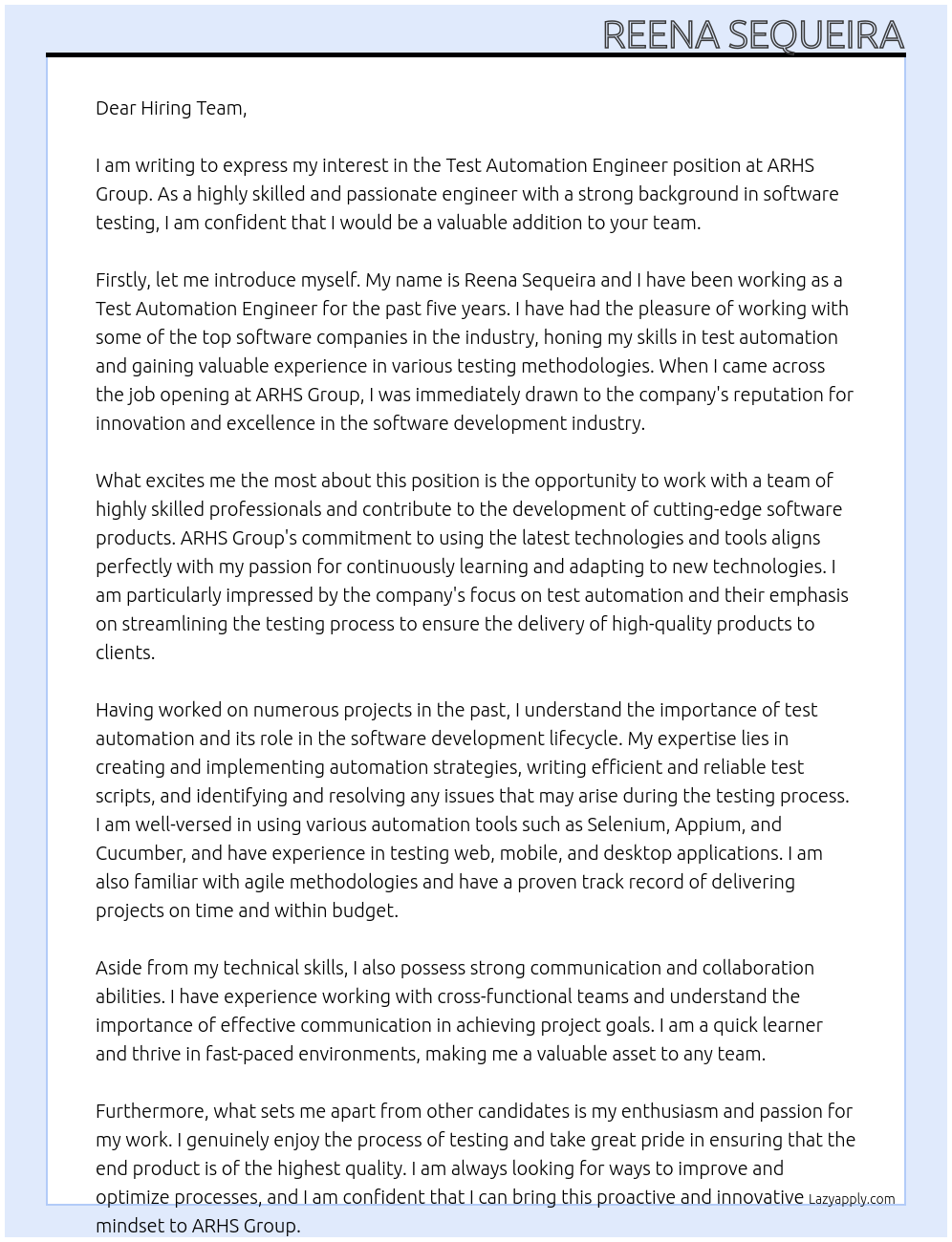 Test Automation Engineer At ARHS Group Cover Letter