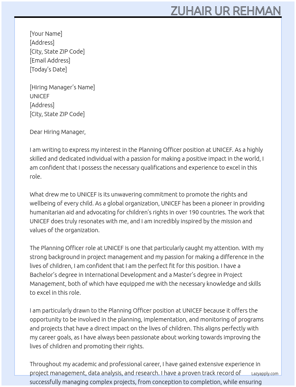 Planning Officer At UNICEF Cover Letter