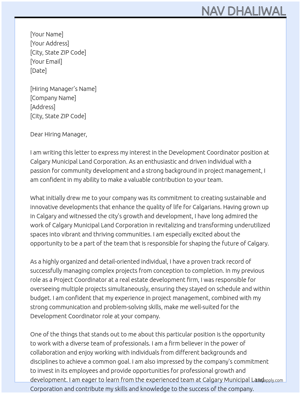 Development Coordinator At Calgary Municipal Land Corporation Cover Letter