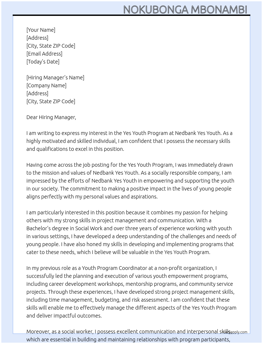 Yes Youth Program  At Nedbank Yes Youth  Cover Letter