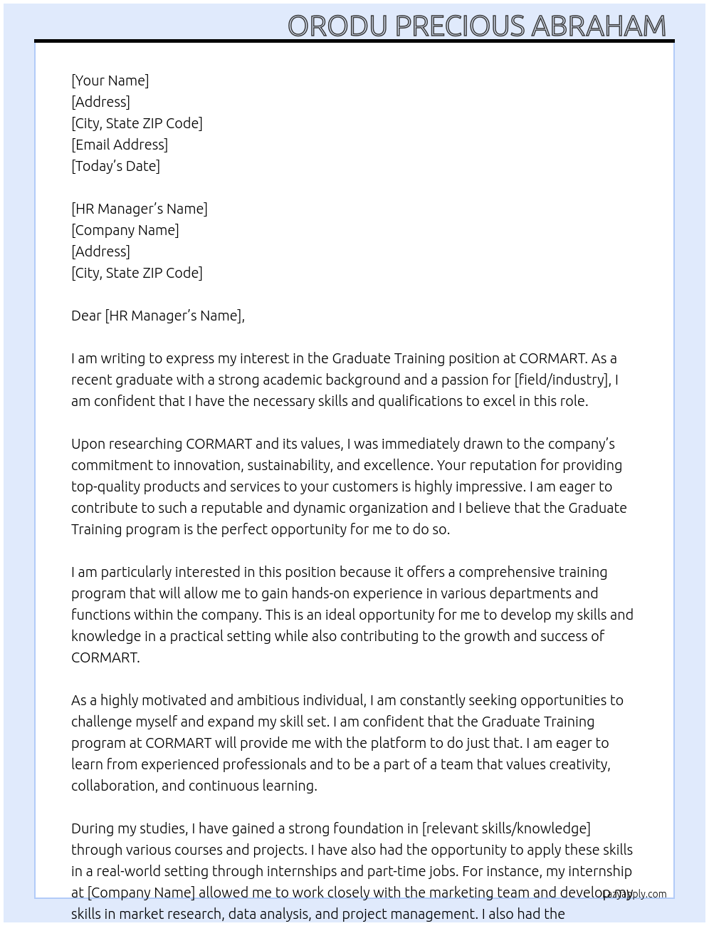 Graduate Training  At CORMART Cover Letter