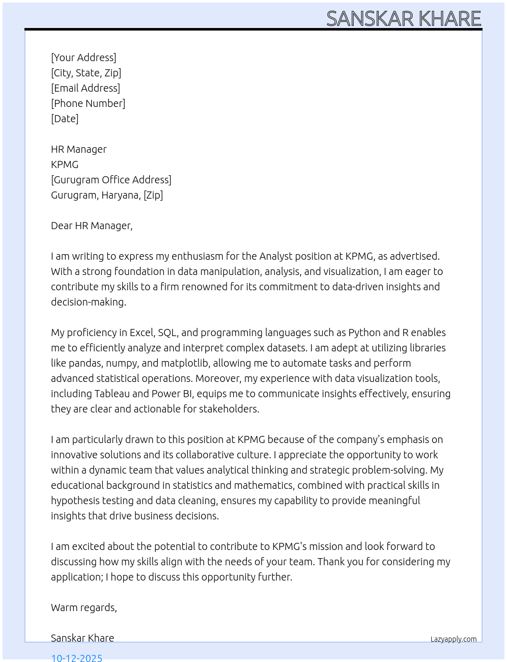 Analyst At KPMG Cover Letter