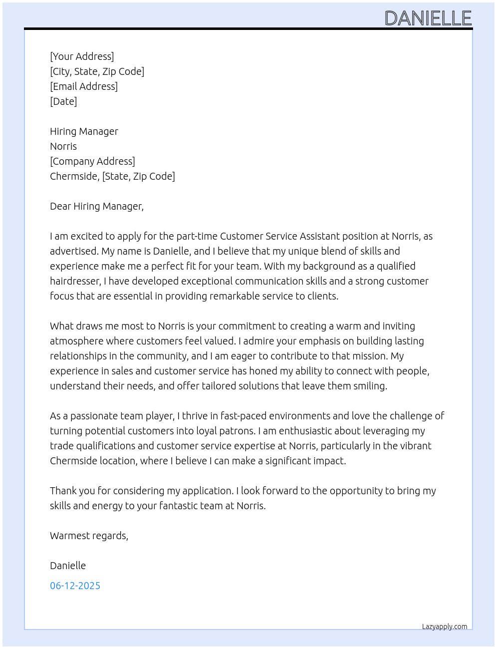 Customer service assistant At Norris Cover Letter