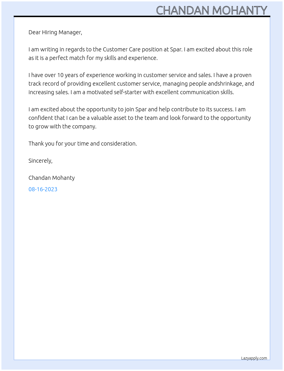 Customer Care At Spar Cover Letter