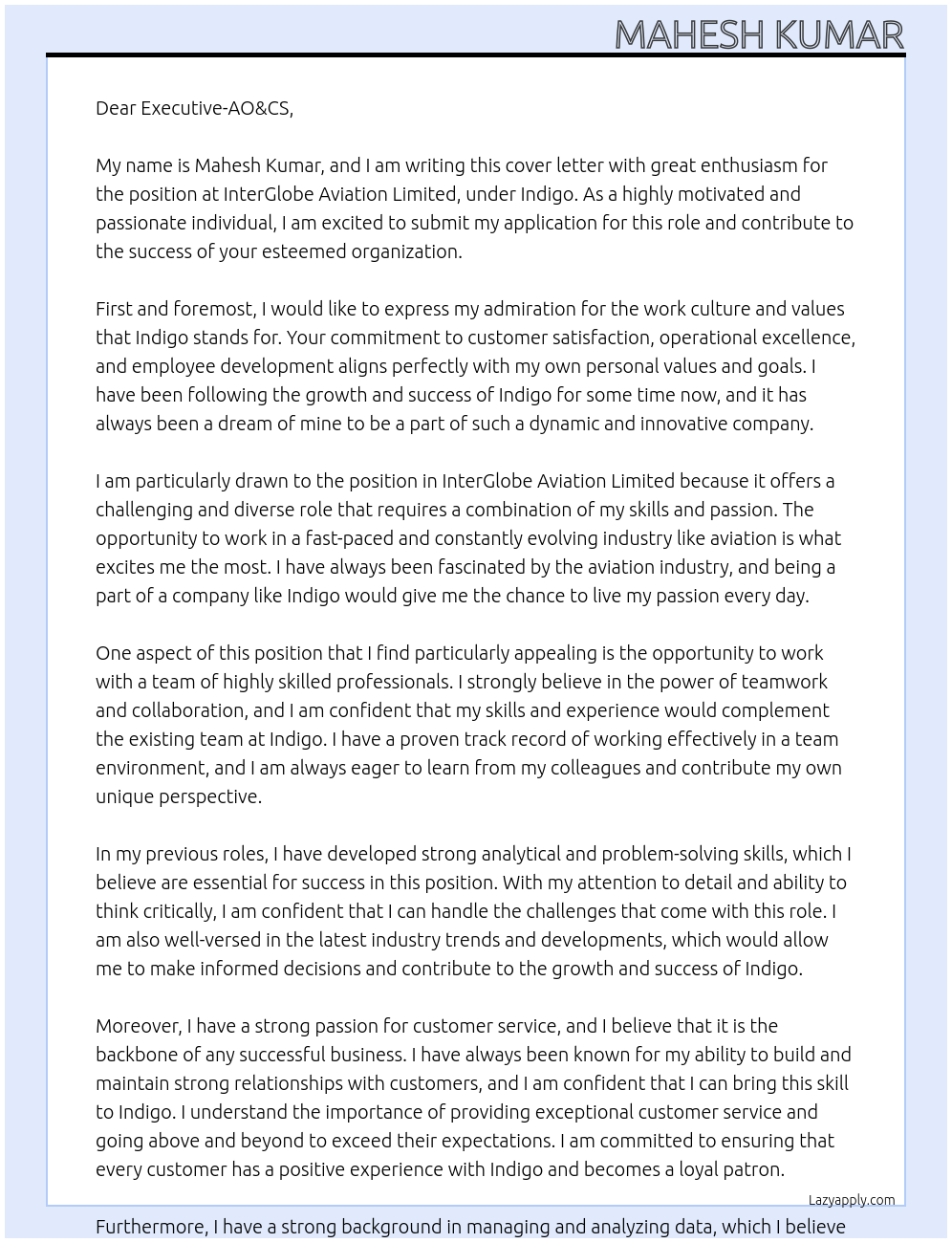 Cover letter for interglobe aviation limited - LazyApply