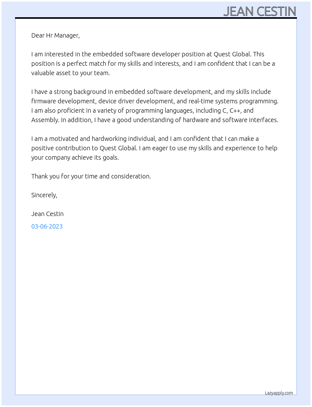 Embedded software developer At Quest Global Cover Letter