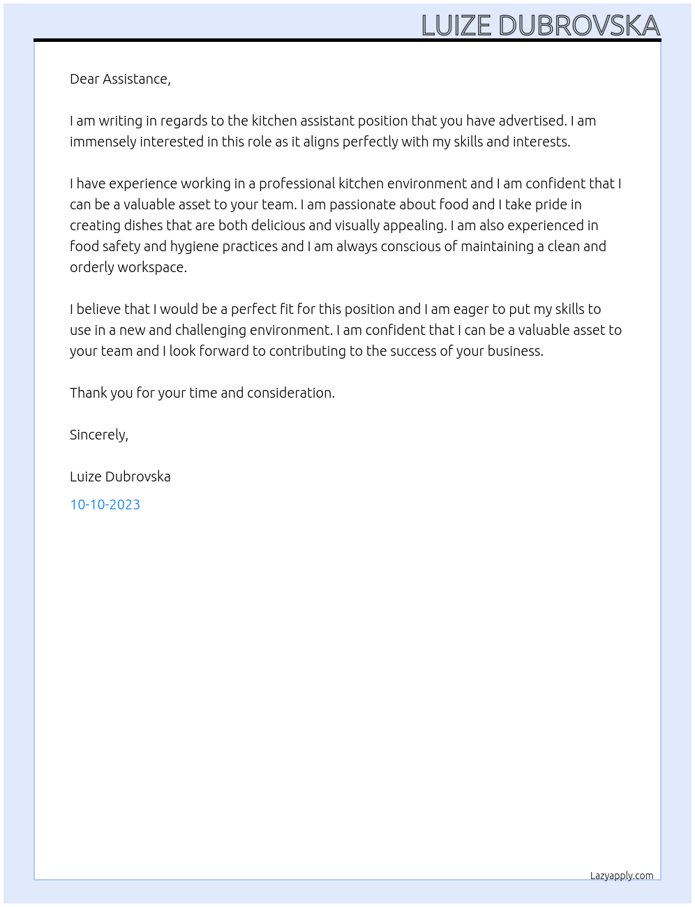 kitchen assistant At Assistance Cover Letter