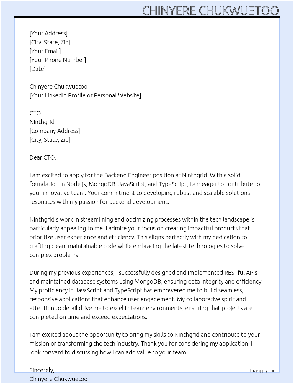 Backend engineer At Ninthgrid Cover Letter