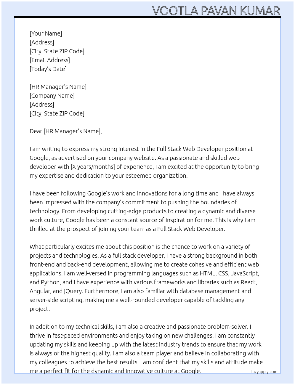 Full stack Web developer At Google Cover Letter