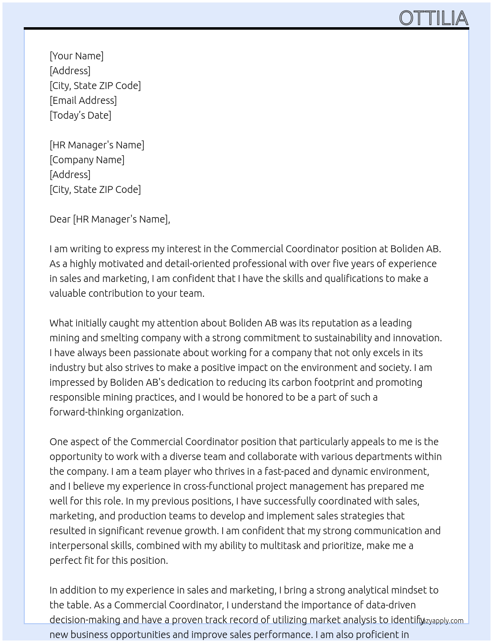 Commercial coordinator At Boliden AB Cover Letter
