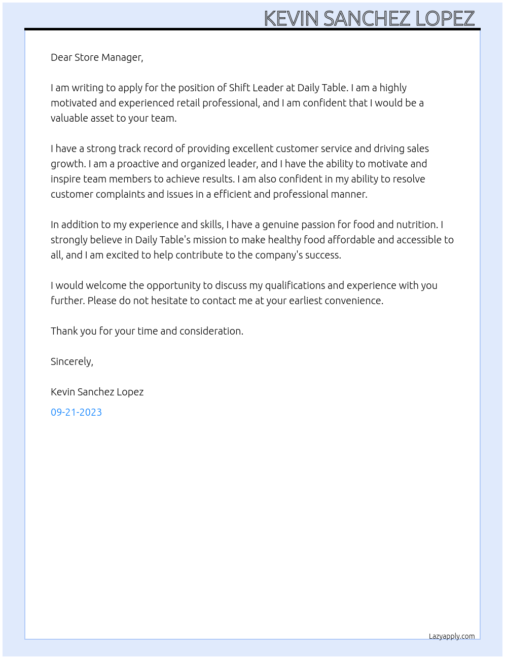 Shift leader At Daily table Cover Letter