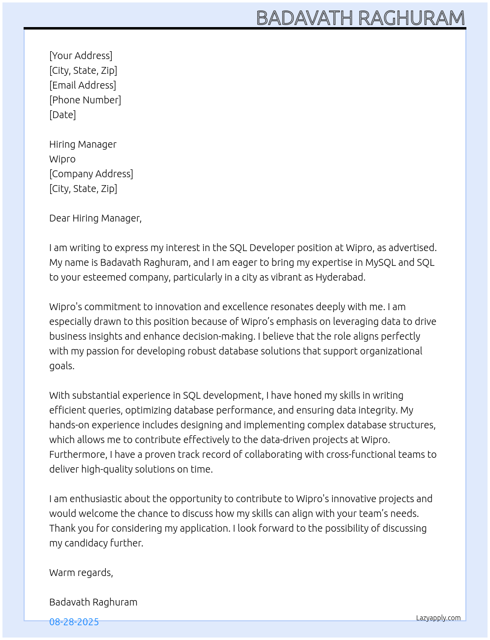 Cover letter for sql developer - LazyApply