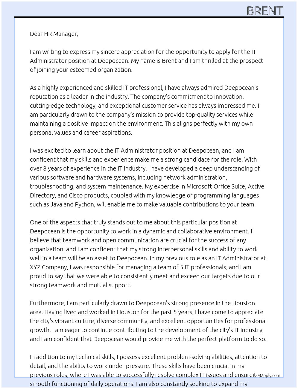 IT Administrator At deepocean Cover Letter