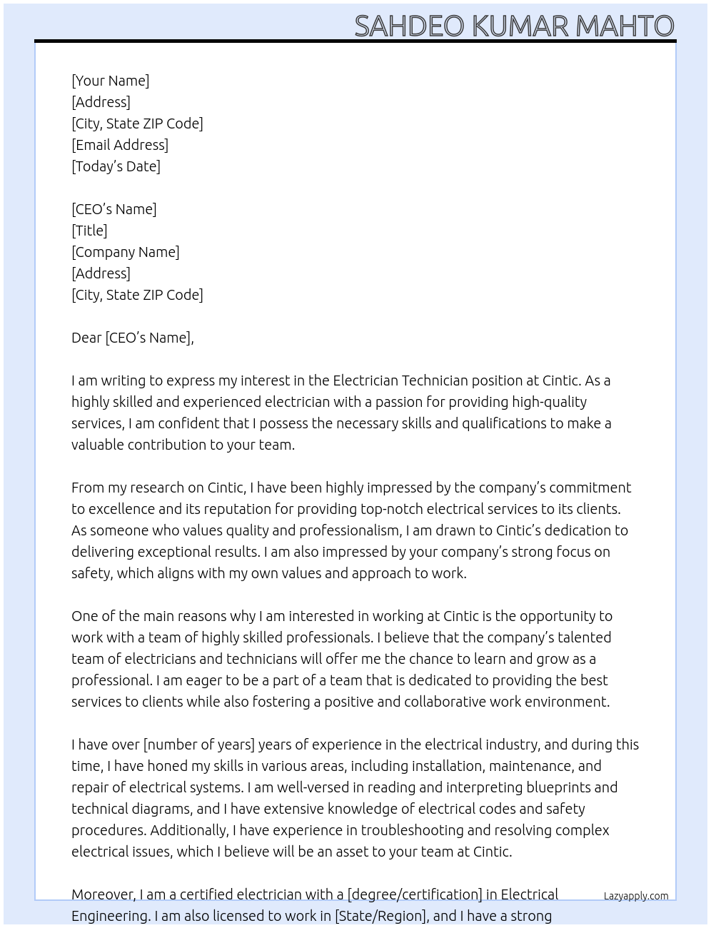 Electrician  Technician  At Cintic Cover Letter