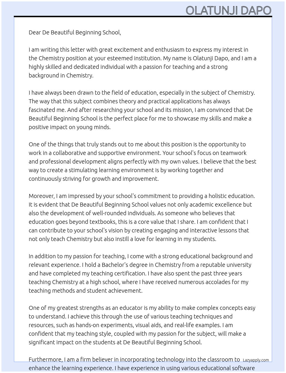 CHEMISTRY At De Beautiful Beginning School Cover Letter