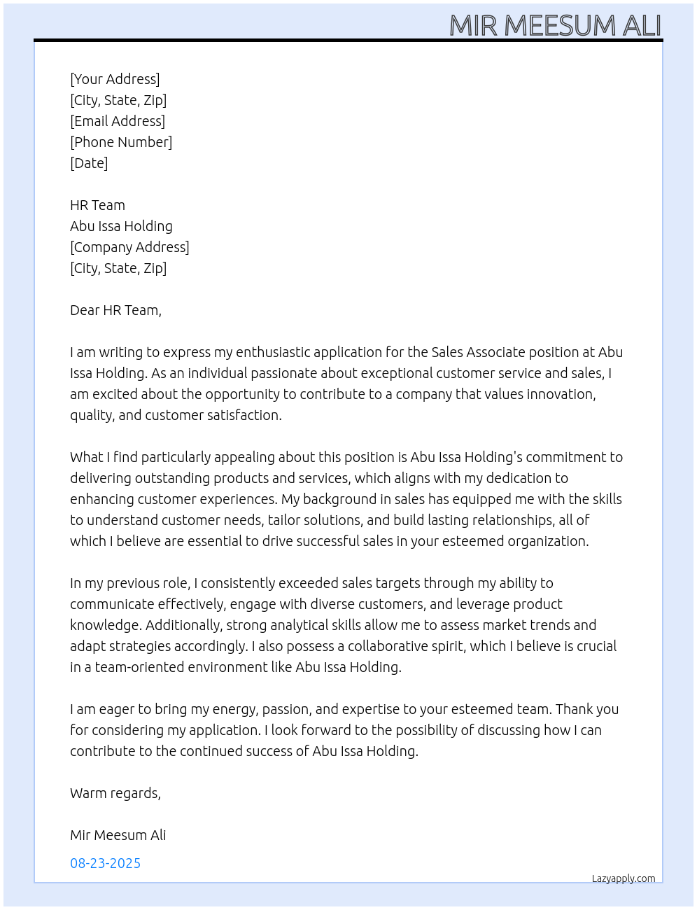Sales Associate At Abu Issa Holding Cover Letter