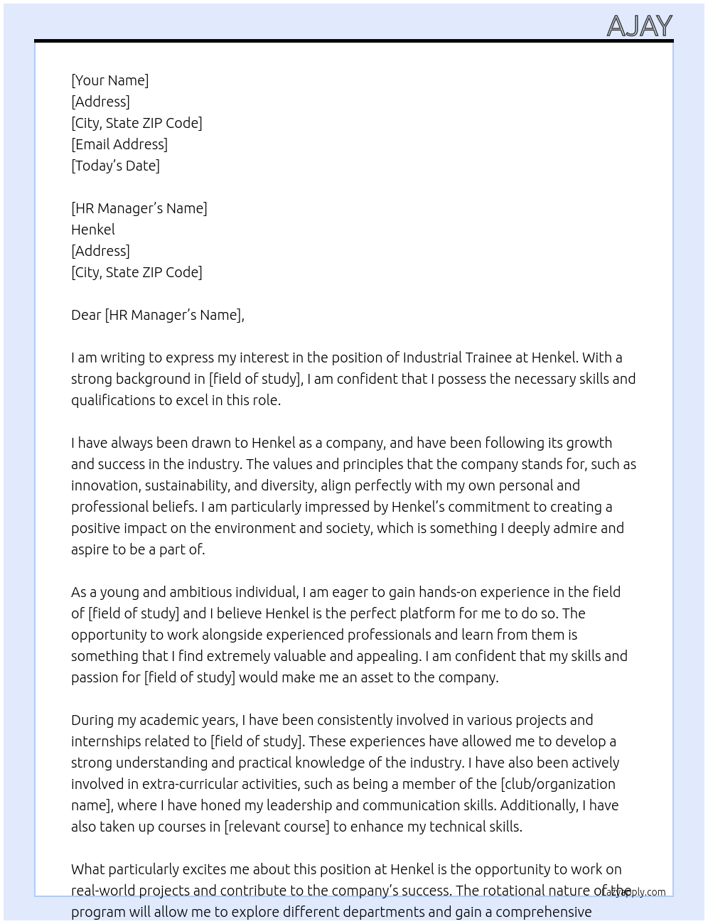 Industrial Trainee At Henkel Cover Letter