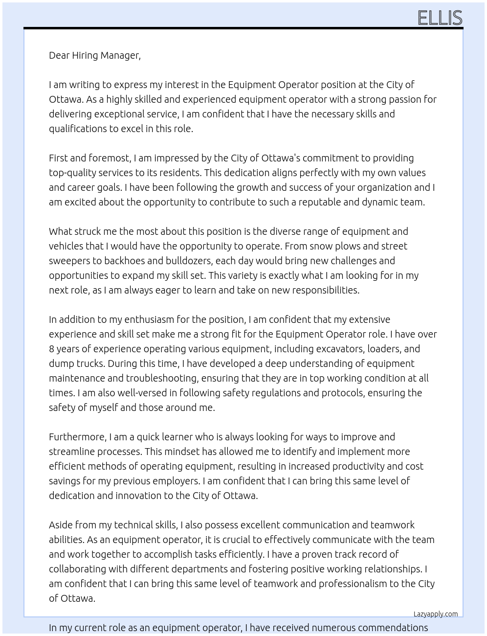 Equipment Operator At City of Ottawa Cover Letter