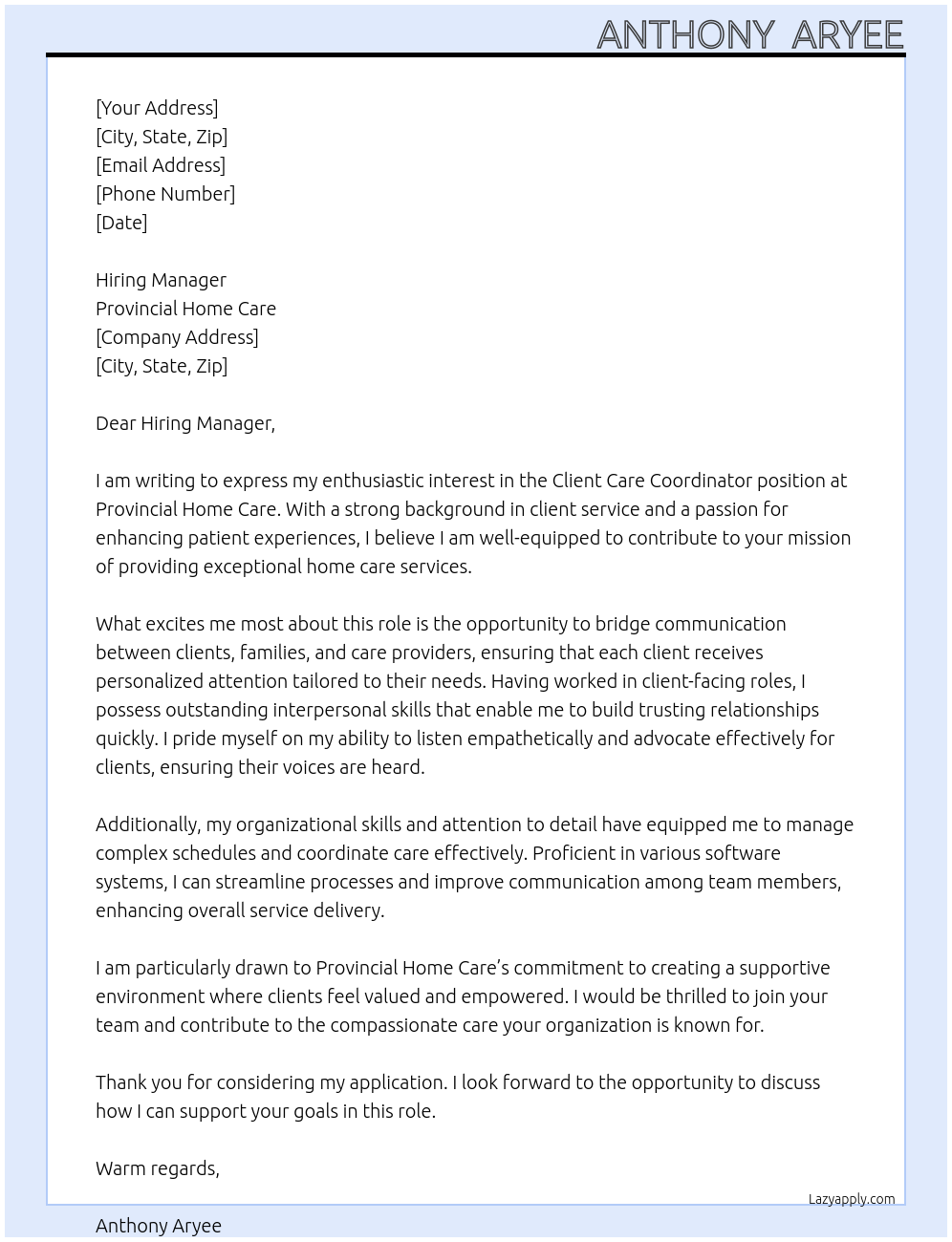 Cover letter for client care coordinator - LazyApply