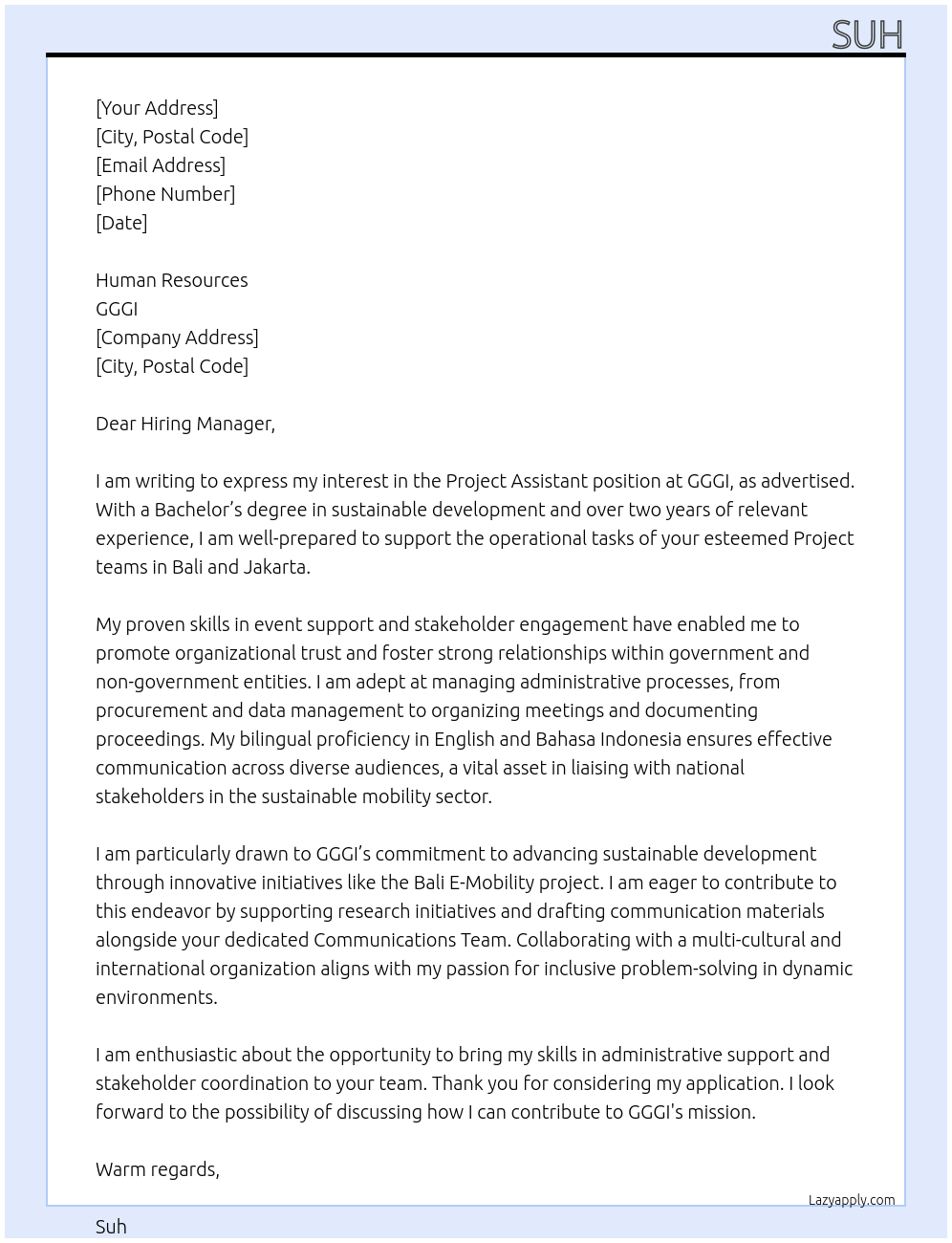 Project Assistant At GGGI Cover Letter