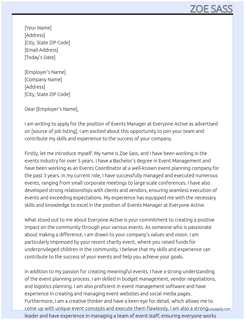 Events Manager At Everyone Active Cover Letter