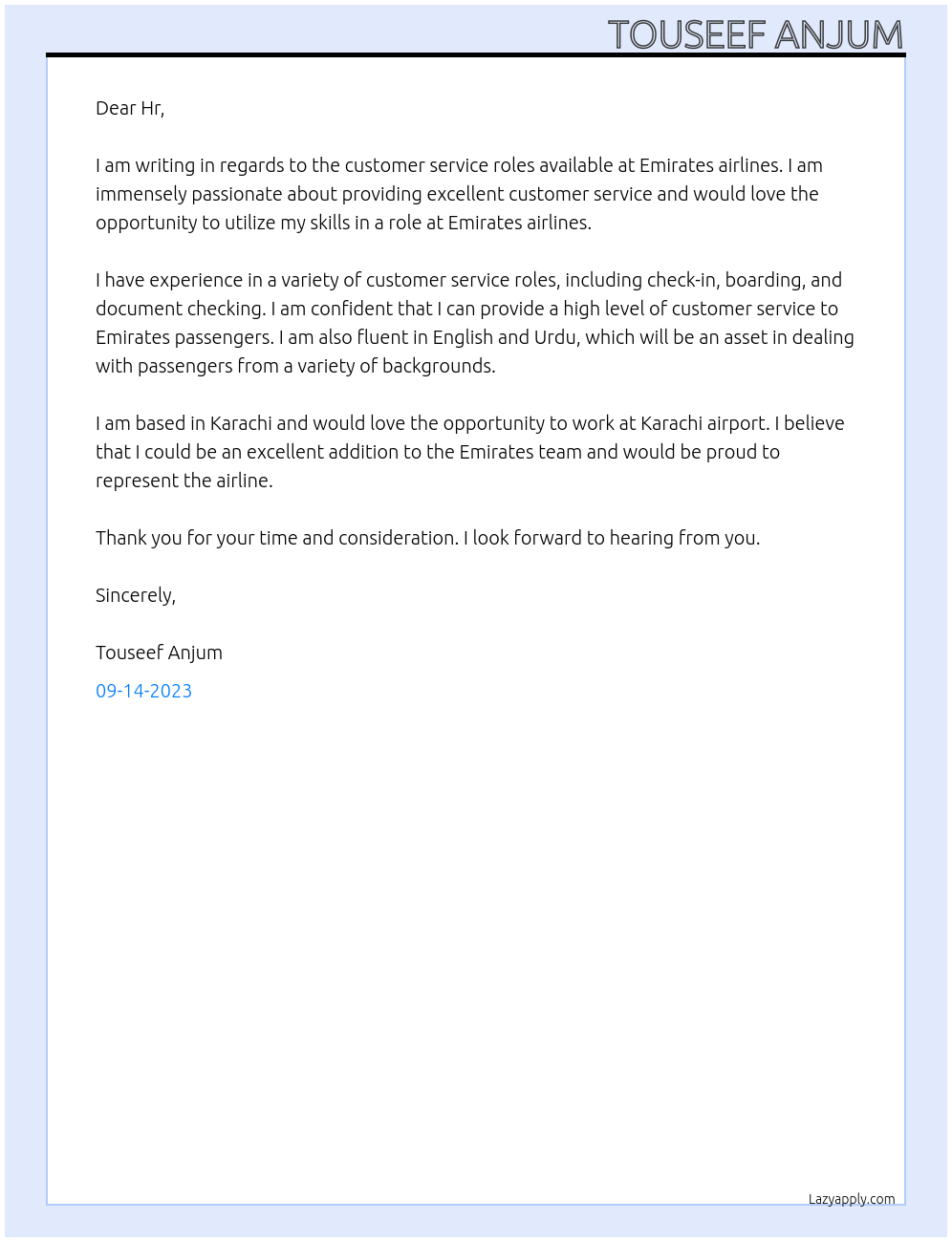 Customer Service Roles At Emirates airlines  Cover Letter