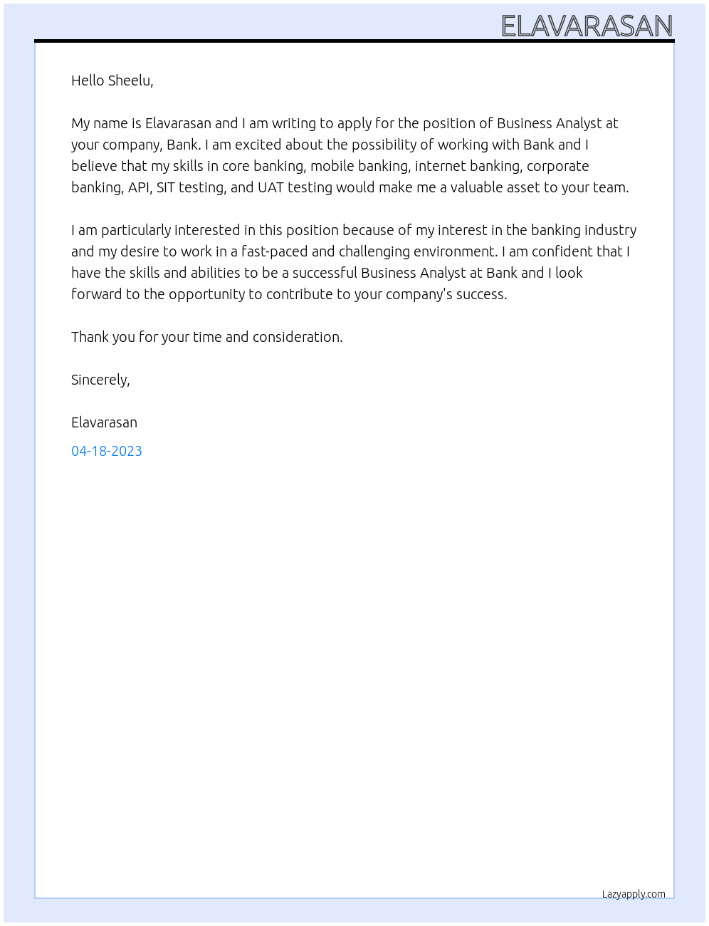 Business analysts At Bank Cover Letter