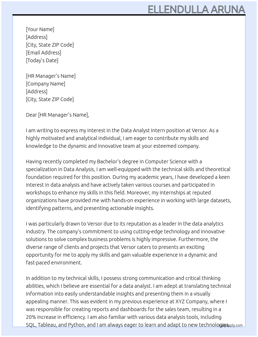 Data analyst intern At versor Cover Letter
