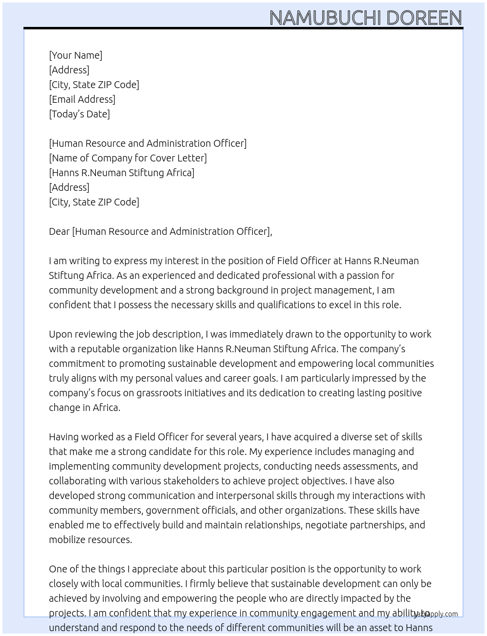 Field officer At Hanns R.Neuman Stiftung Africa Cover Letter