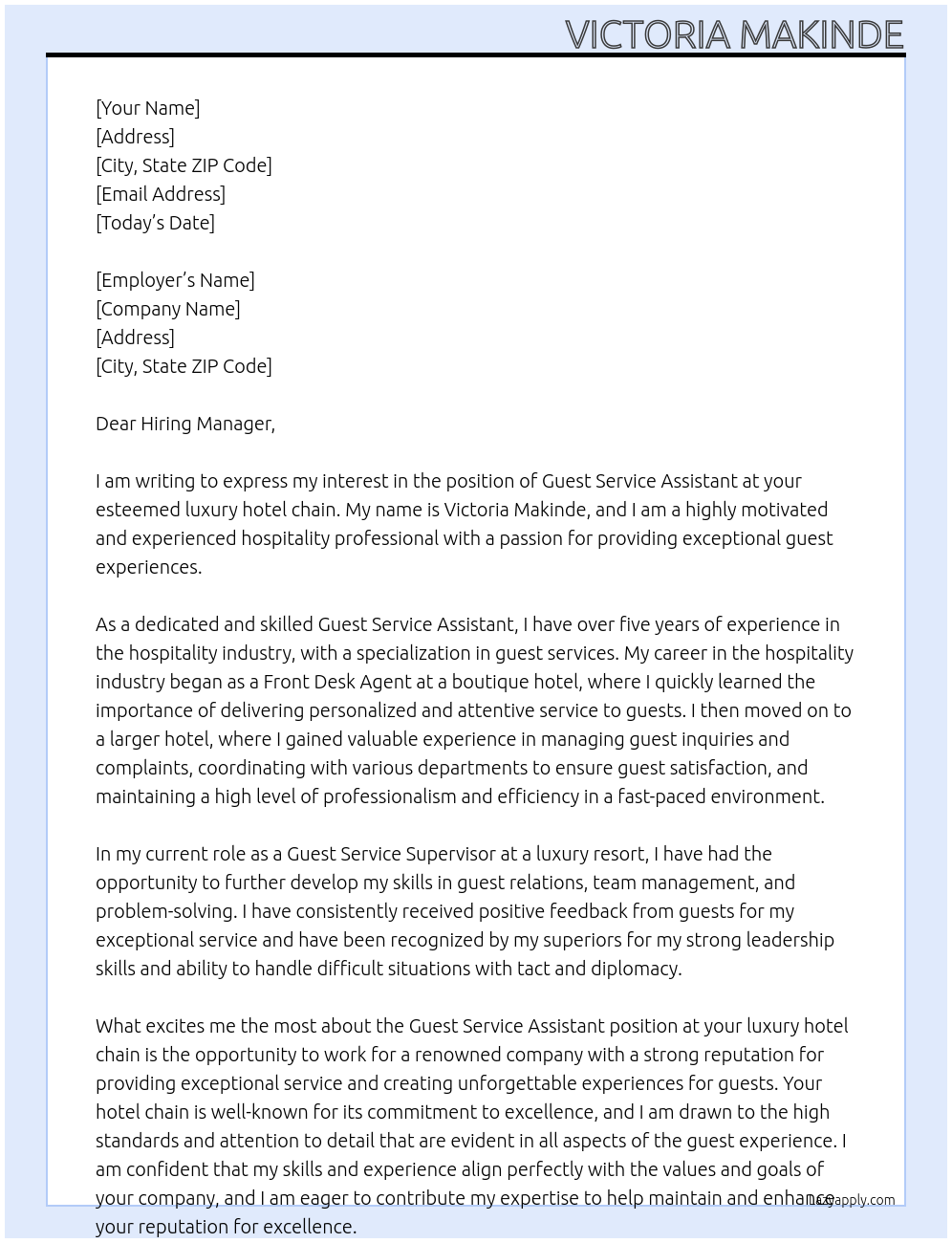 Guest Service Assistant At luxury hotel chain  Cover Letter