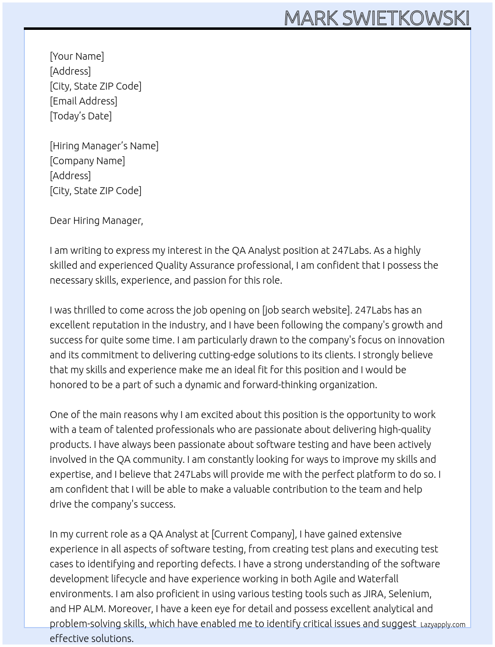 QA Analyst At 247Labs Cover Letter