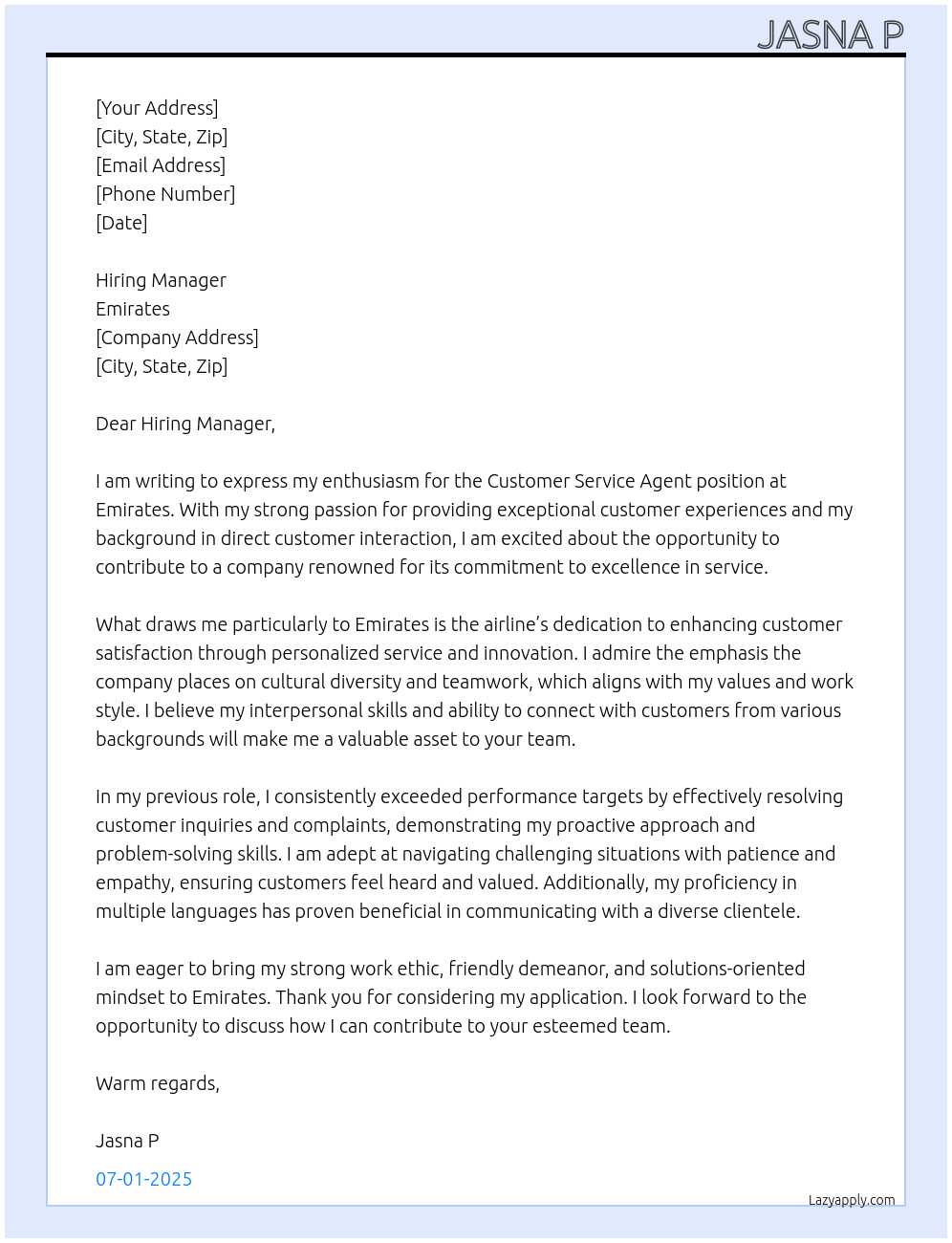 Customer Service Agent At Emirates Cover Letter