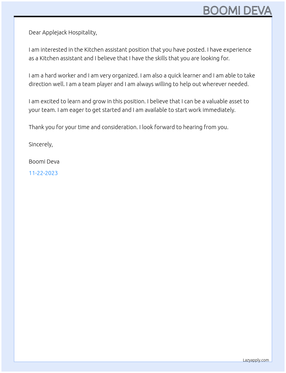 Kitchen assistant At Applejack Hospitality Cover Letter